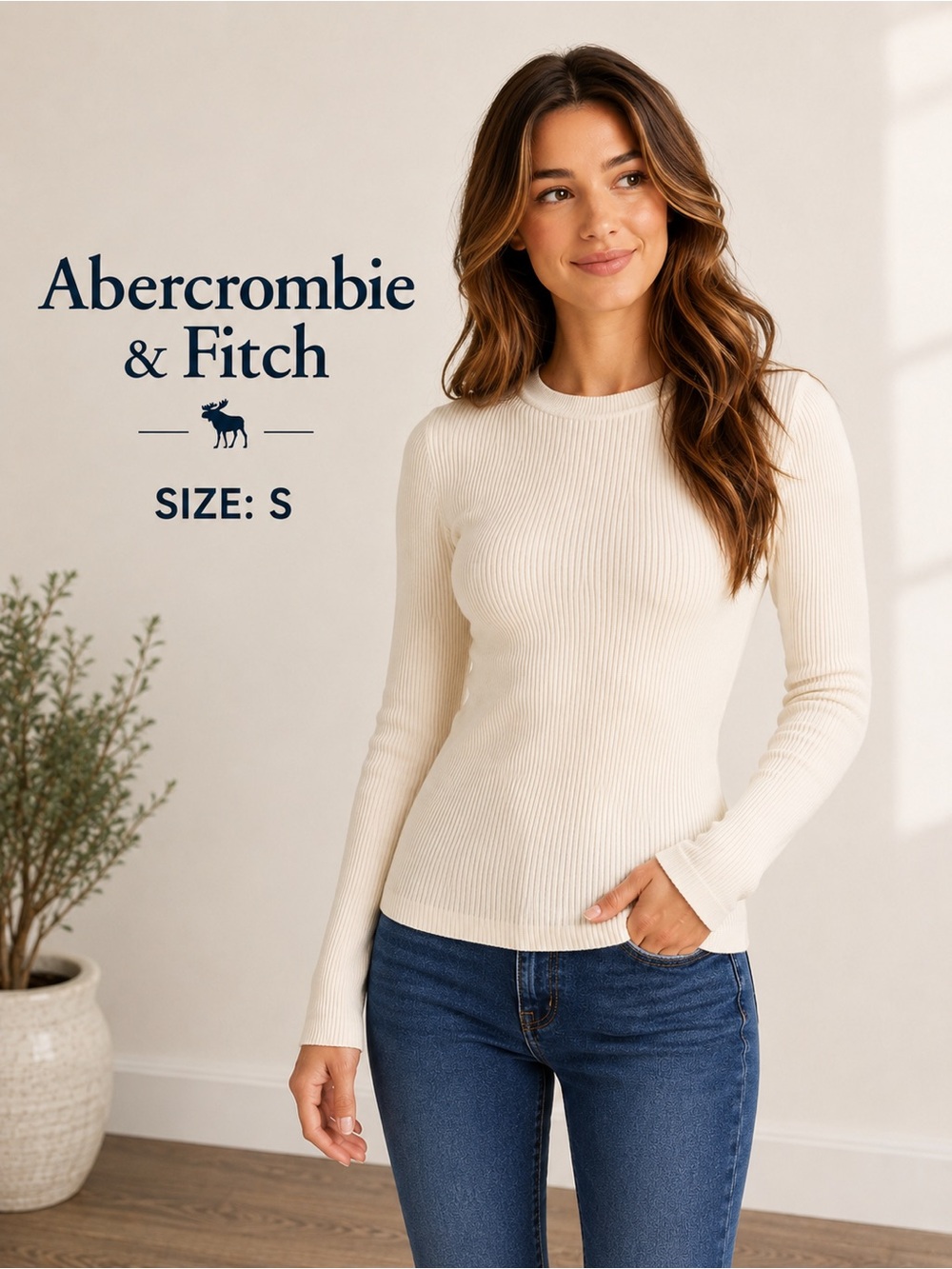 Abercrombie & Fitch S Ivory Heavy Ribbed Knit Long Sleeve Top